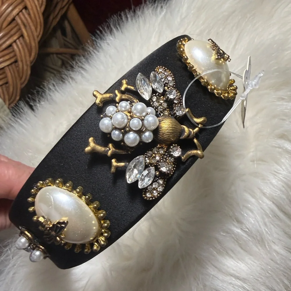 Bee pearl Headband black baroque inspired faux‎ pearls gold tone Victorian *flaw